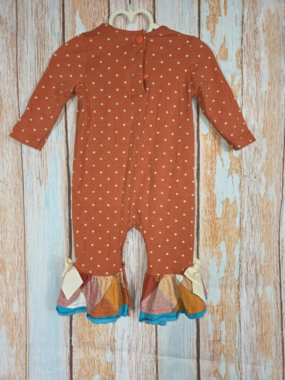 Ricrac & Ruffles Boutique Rust Polka Dot Turkey Applique Ruffle One-Piece. 12M